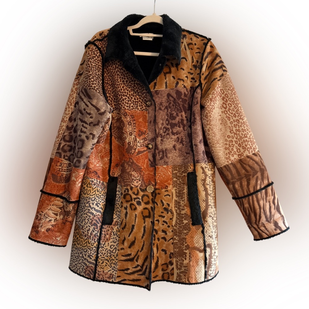 Vintage Rare Weavz Animal Print Patchwork Faux Fur Teddy Jacket Size XL